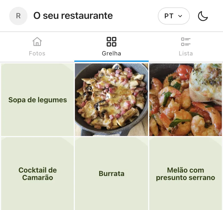 Carta em grelha com fotografias dos pratos