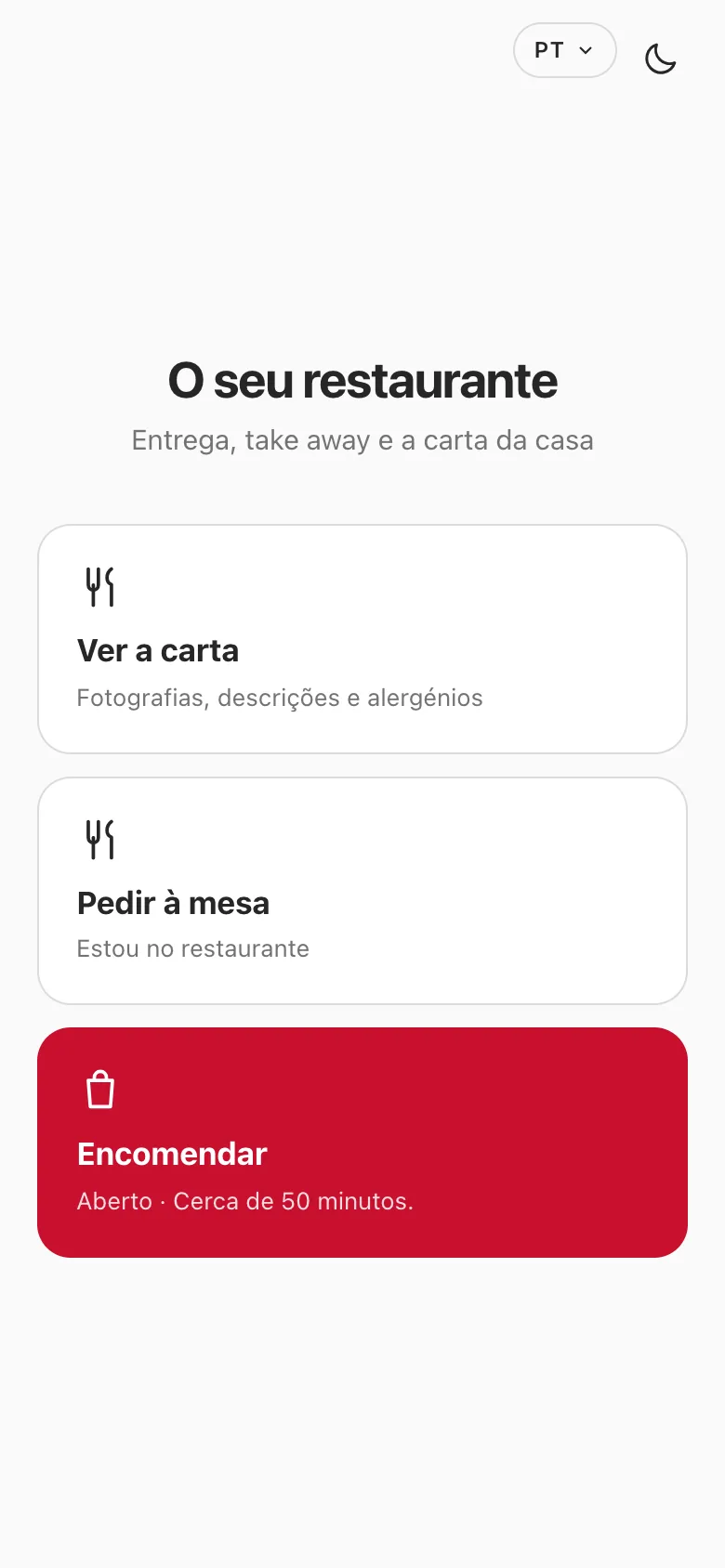 Ecrã de entrada da carta com três opções: ver a carta, pedir à mesa e encomendar