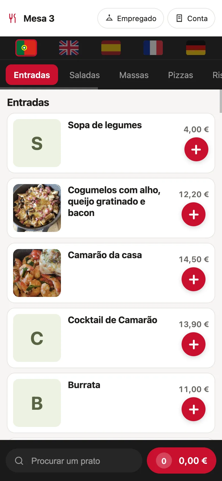 Pedido à mesa 3 com botões para chamar o empregado e pedir a conta