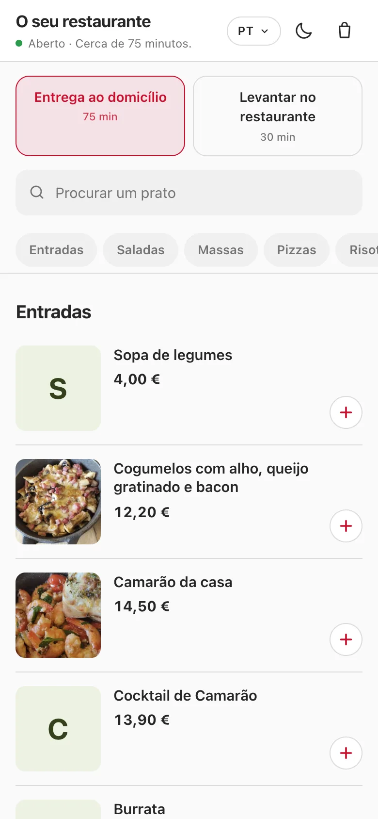 Encomenda para entrega ao domicílio ou levantamento no restaurante